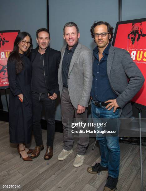 Guest, Director Bryan Fogel, Former Cyclist Lance Armstrong and Producer Dan Cogan attend the "Icarus" New York Screening at 1 Hotel Brooklyn Bridge...