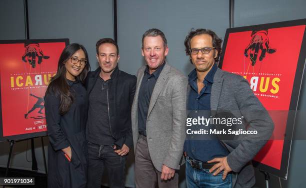 Guest, Director Bryan Fogel, Former Cyclist Lance Armstrong and Producer Dan Cogan attend the "Icarus" New York Screening at 1 Hotel Brooklyn Bridge...