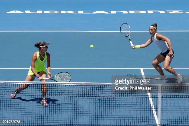 Sara Errani of Italy and Bibiane Schoofs of Netherlands in action during their Womens Doubles Final against Eri Hozumi and Miyu Kato of Japan during...