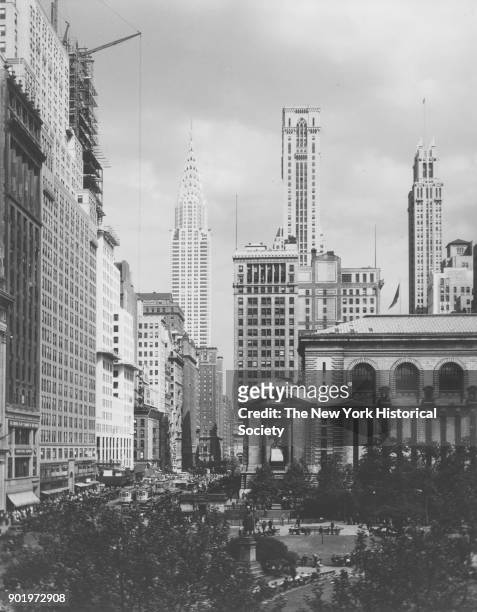 East on 42nd Street showing New York Public Library and Chrysler Building, New York, New York, 1929.