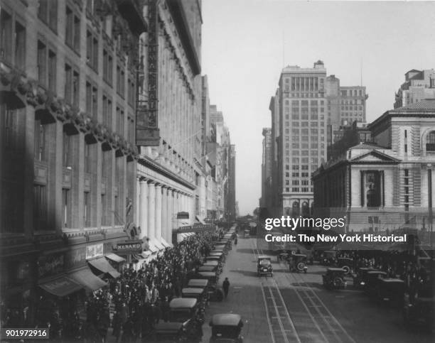 West 42nd Street between Fifth and Sixth Avenues, looking East, New York Public Library on right, New York, New York, 1929.