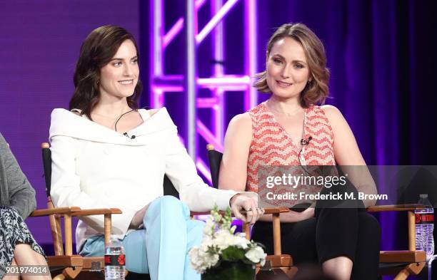 Actors Allison Williams and Anna Madeley of the television show Patrick Melrose speak onstage during the CBS/Showtime portion of the 2018 Winter...