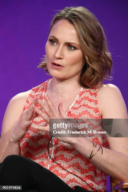 Actress Anna Madeley of the television show Patrick Melrose speaks onstage during the CBS/Showtime portion of the 2018 Winter Television Critics...