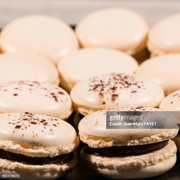 close-up macaroons lined up in a dish - jean marc payet stock-fotos und bilder