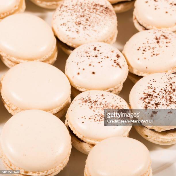 french macaroons lined up in a dish - jean marc payet stock-fotos und bilder