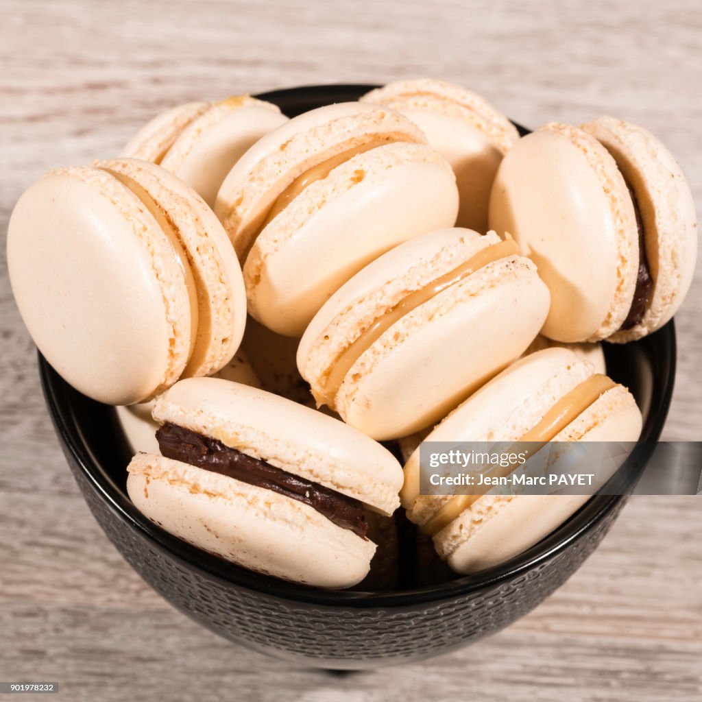 Aerial view of Macaroons piled in a cup