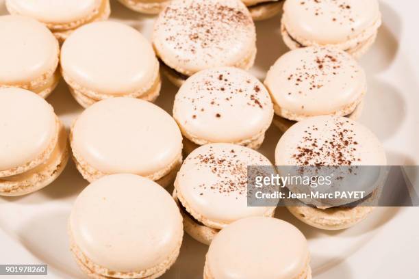 french macaroons lined up in a dish - jean marc payet stock-fotos und bilder