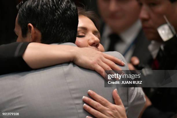 Maria Alejandra Vicuna greets a collegue at the National Assembly plenary after being appointed as new Ecuadorean Vice-President in Quito on January...