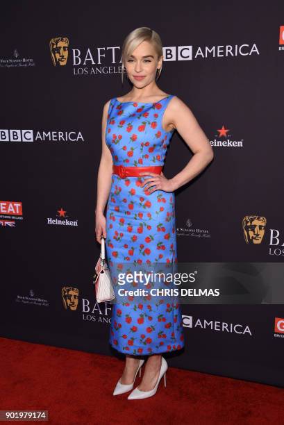 Actress Emilia Clarke arrives for the BAFTA Los Angeles Awards Season Tea Party at the Four Season Hotel in Beverly Hills, California, on January 6,...