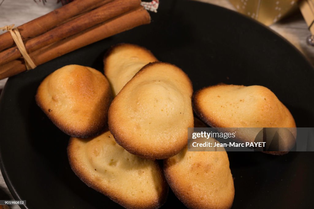 Traditional french pastry : Madeleine and cinnamon in a black plate