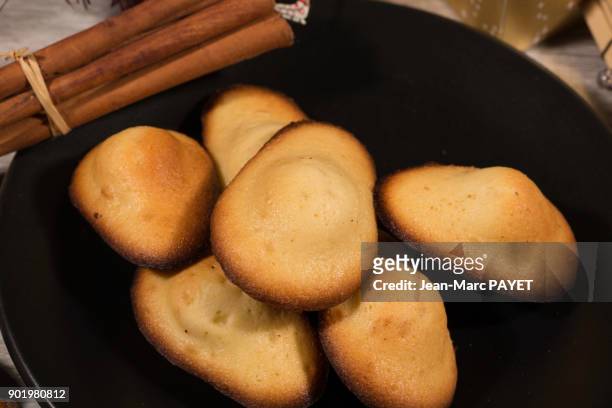 traditional french pastry : madeleine and cinnamon in a black plate - jean marc payet foto e immagini stock