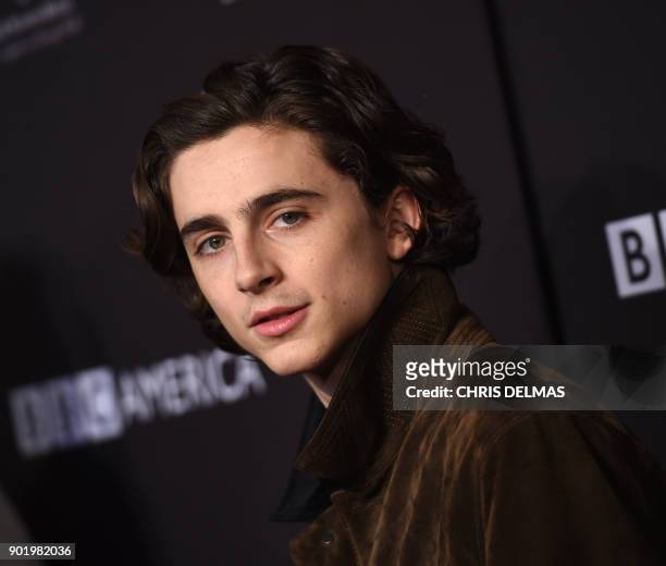 Actor TimotHee Chalamet arrives for the BAFTA Los Angeles Awards Season Tea Party at the Four Season Hotel in Beverly Hills, California, on January...
