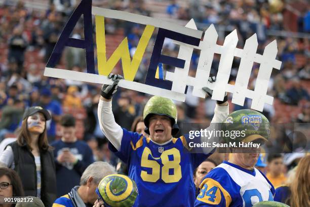 Los Angeles Rams fan attends the NFC Wild Card Playoff Game between the Los Angeles Rams and Atlanta Falcons at the Los Angeles Coliseum on January...