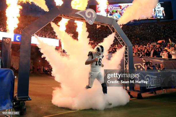 Jared Goff of the Los Angeles Rams runs onto the field prior to the NFC Wild Card Playoff Game against the Atlanta Falcons at the Los Angeles...