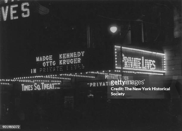Times Square Theatre at night, lighted marquee , New York, New York, Febraury 1931. The play opened at this theater on January 27, 1931.