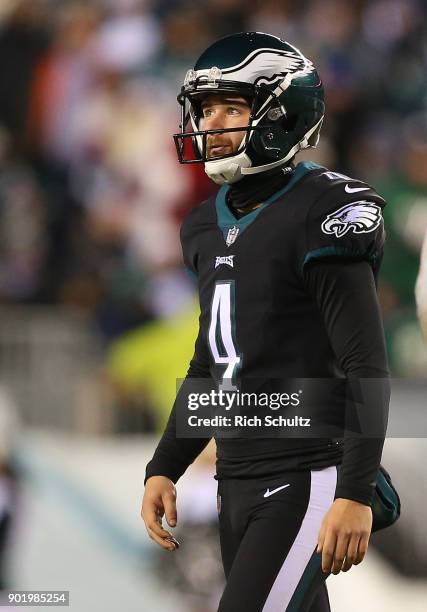 Jake Elliott of the Philadelphia Eagles in action against the Oakland Raiders during a game at Lincoln Financial Field on December 25, 2017 in...