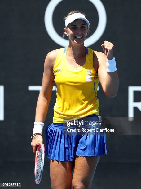 Beatriz Haddad Maia of Brazil celebrates after defeating Lizette Cabrera of Australia during her singles match on Day One of 2018 Hobart...