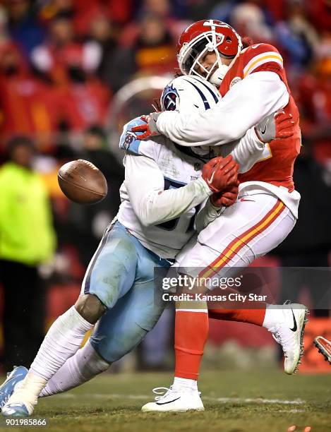 Kansas City Chiefs wide receiver Albert Wilson is hit by Tennessee Titans strong safety Johnathan Cyprien on fourth down and 9 yards to go on the...