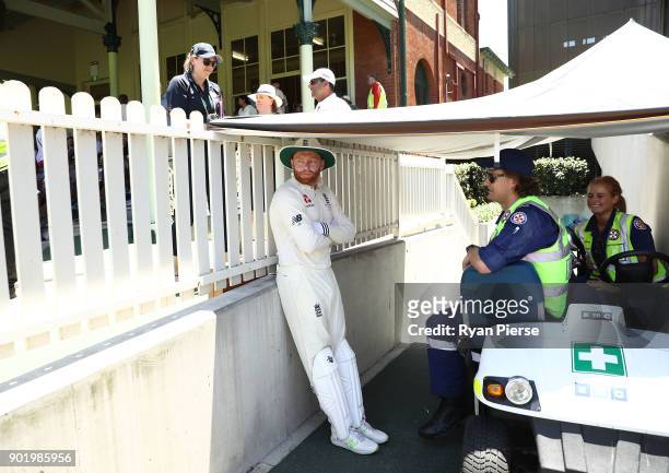Jonny Bairstow of England stands in the shade during the lunch break during day four of the Fifth Test match in the 2017/18 Ashes Series between...