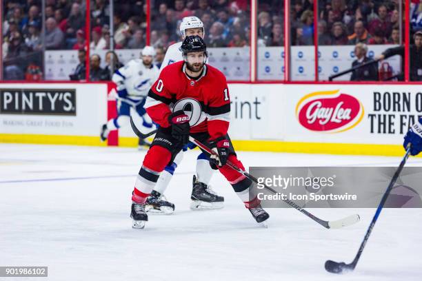 Ottawa Senators Center Derick Brassard applies pressure on the forecheck during second period National Hockey League action between the Tampa Bay...