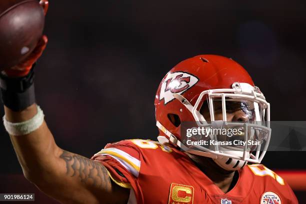 Kansas City Chiefs inside linebacker Derrick Johnson celebrates as he crossed the goal line in an apparent touchdown following a fumble late in the...