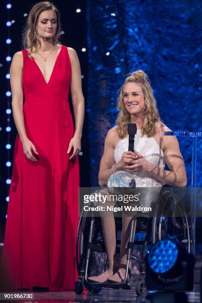 Birgit Skarstein receives the award from Christina Vukicevic during the Sport Gala Awards at Olympic Amphitheater on January 6, 2018 in Hamar, Norway.