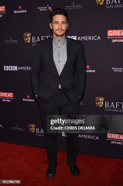 Actor James Franco arrives for the BAFTA Los Angeles Awards Season Tea Party at the Four Season Hotel in Beverly Hills, California, on January 6,...