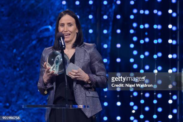 Marit Bjorgenn receives her award during the Sport Gala Awards at Olympic Amphitheater on January 6, 2018 in Hamar, Norway.