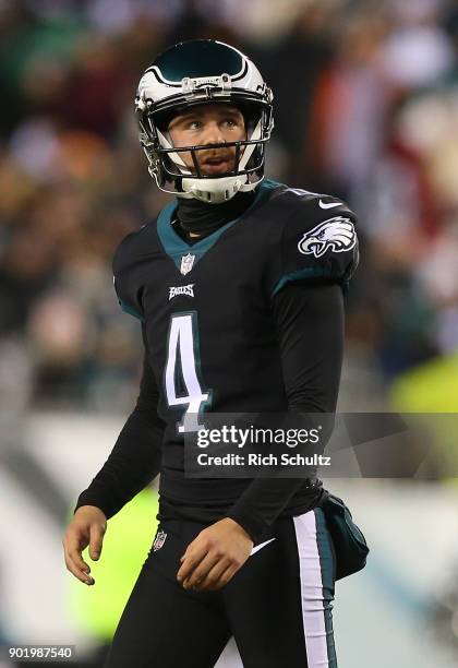 Jake Elliott of the Philadelphia Eagles in action against the Oakland Raiders during a game at Lincoln Financial Field on December 25, 2017 in...
