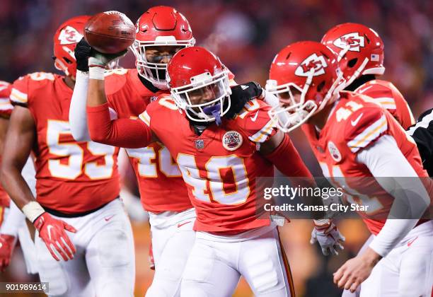 Kansas City Chiefs cornerback Keith Reaser celebrates after recovering a fumble after the Tennessee Titans' Adoree' Jackson fumbled on Saturday, Jan....