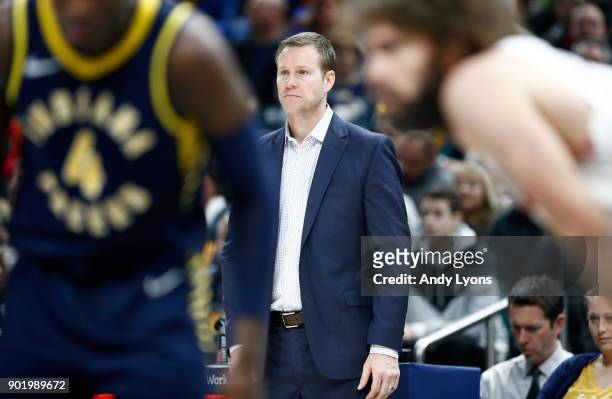 Fred Hoiberg the head coach of the Chicago Bulls watches the action against the Indiana Pacers at Bankers Life Fieldhouse on January 6, 2018 in...