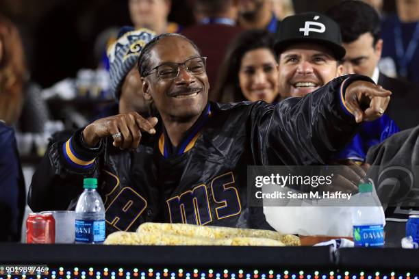 Rapper Snoop Dogg attends the NFC Wild Card Playoff Game between the Los Angeles Rams and Atlanta Falcons at the Los Angeles Coliseum on January 6,...