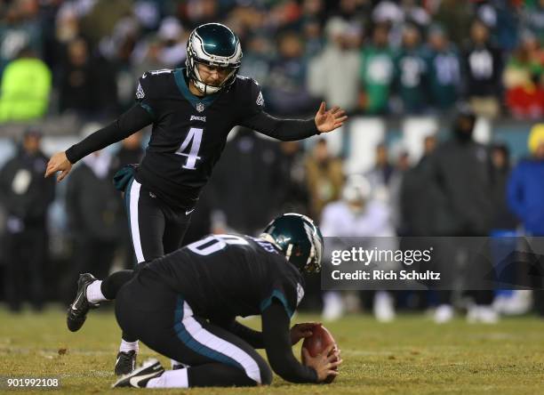 Jake Elliott of the Philadelphia Eagles in action against the Oakland Raiders during a game at Lincoln Financial Field on December 25, 2017 in...