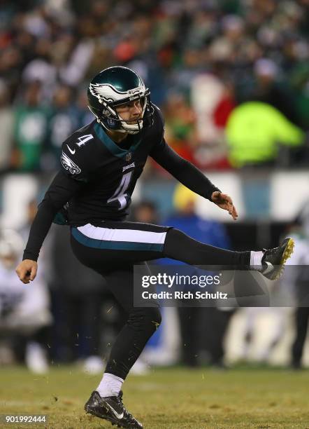 Jake Elliott of the Philadelphia Eagles in action against the Oakland Raiders during a game at Lincoln Financial Field on December 25, 2017 in...