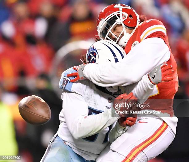 The Tennessee Titans' Johnathan Cyprien hammers Kansas City Chiefs wide receiver Albert Wilson as Wilson missed a catch in the fourth quarter on...
