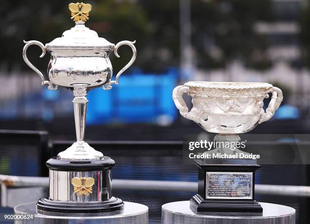 The Daphne Akhurst Memorial Cup for Women and the Norman Brookes Memorial Cup for Men are seen ahead of the 2018 Australian Open at Melbourne Park on...