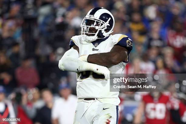 Michael Brockers of the Los Angeles Rams reacts during the NFC Wild Card Playoff Game against the Atlanta Falcons at the Los Angeles Coliseum on...