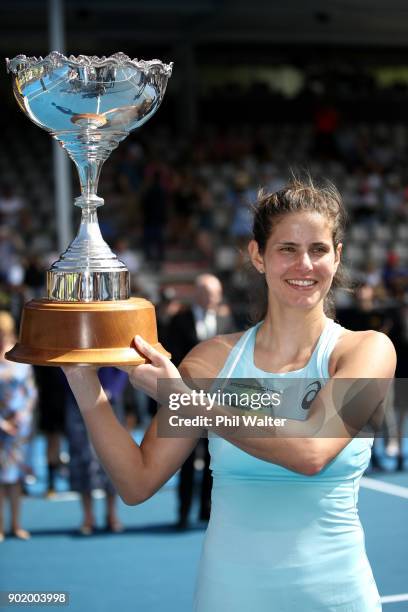 Julia Gorges of Germany poses with the trophy following her Womens Singles Final win against Caroline Wozniaki of Denmark during day seven of the ASB...