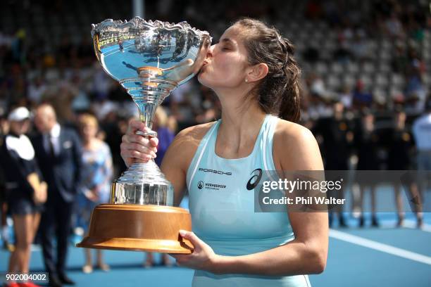 Julia Gorges of Germany poses with the trophy following her Womens Singles Final win against Caroline Wozniaki of Denmark during day seven of the ASB...