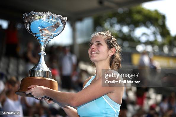 Julia Gorges of Germany poses with the trophy following her Womens