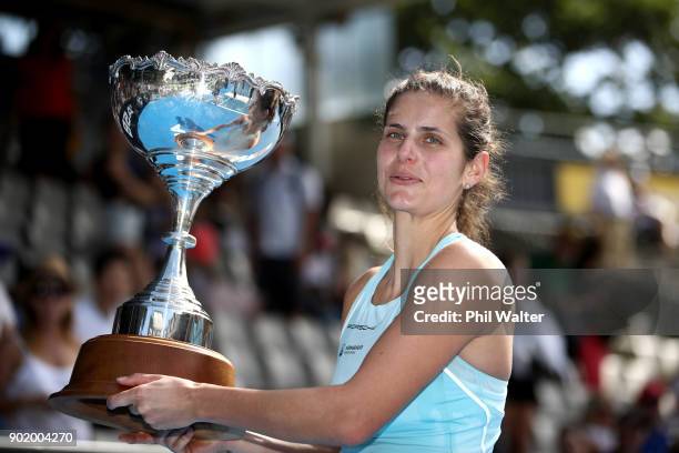 Julia Gorges of Germany poses with the trophy following her Womens Singles Final win against Caroline Wozniaki of Denmark during day seven of the ASB...