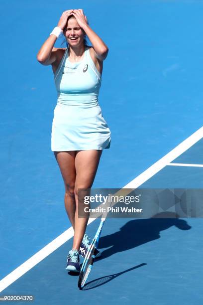 Julia Goerges of Germany celebrates winning her Womens Singles Final against Caroline Wozniaki of Denmark during day seven of the ASB Women's Classic...