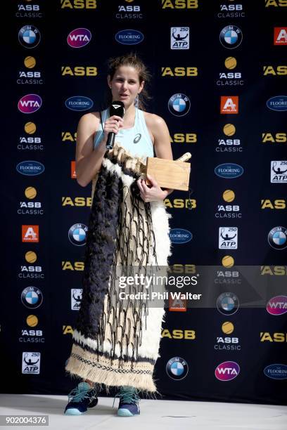 Julia Goerges of Germany speaks following her Womens Singles Final against Caroline Wozniaki of Denmark during day seven of the ASB Women's Classic...