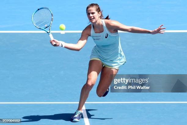 Julia Goerges of Germany plays a forehand during the Womens Singles Final against Caroline Wozniaki of Denmark during day seven of the ASB Women's...