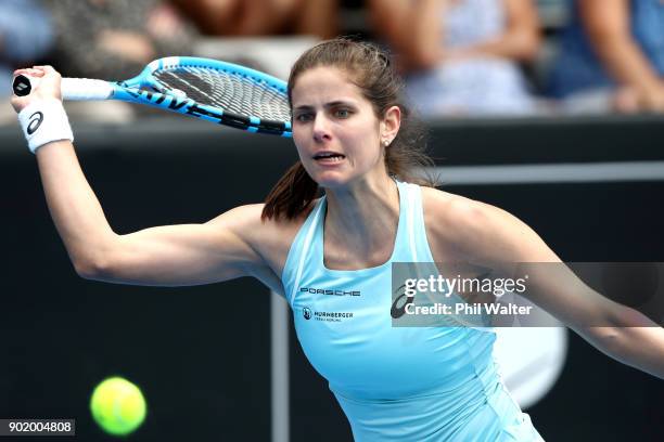 Julia Goerges of Germany plays a forehand during the Womens Singles Final against Caroline Wozniaki of Denmark during day seven of the ASB Women's...