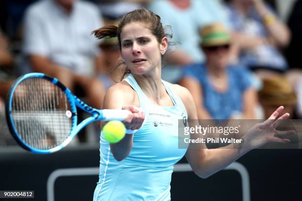 Julia Goerges of Germany plays a forehand during the Womens Singles Final against Caroline Wozniaki of Denmark during day seven of the ASB Women's...