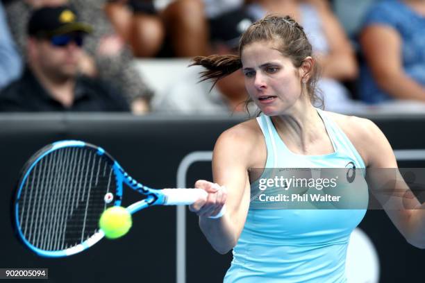 Julia Goerges of Germany plays a forehand during the Womens Singles Final against Caroline Wozniaki of Denmark during day seven of the ASB Women's...