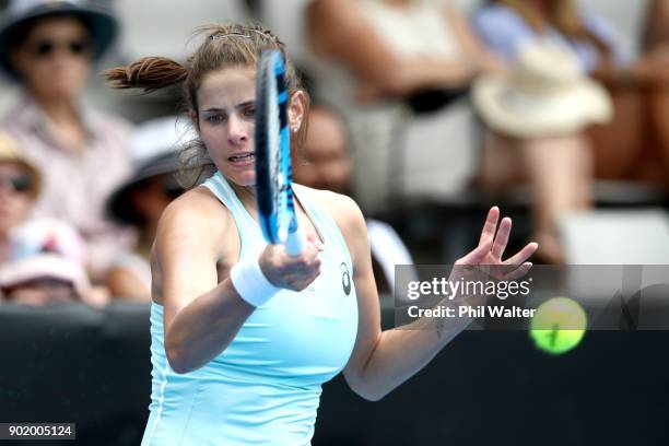 Julia Goerges of Germany plays a forehand during the Womens Singles Final against Caroline Wozniaki of Denmark during day seven of the ASB Women's...