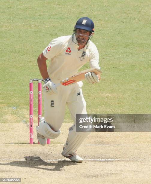 Alastair Cook of England hits his twelfth thousandth test run during day four of the Fifth Test match in the 2017/18 Ashes Series between Australia...