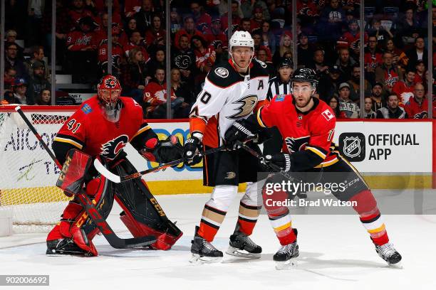 Brodie of the Calgary Flames skates against Mike Smith of the Anaheim Ducks during an NHL game on January 6, 2018 at the Scotiabank Saddledome in...